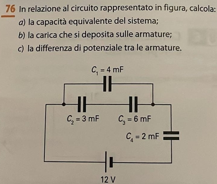 In relazione al circuito rappresentato in figura, calcola:
α) la capacità equivalente del sistema;
b) la carica che si deposita sulle armature;
c) la differenza di potenziale tra le armature.
12 V