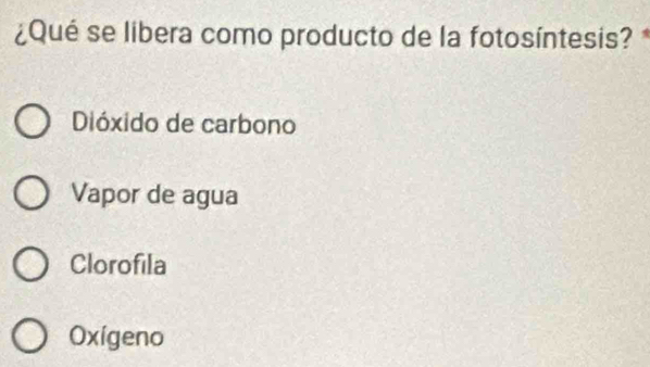 ¿Qué se libera como producto de la fotosíntesis? *
Dióxido de carbono
Vapor de agua
Clorofila
Oxigeno