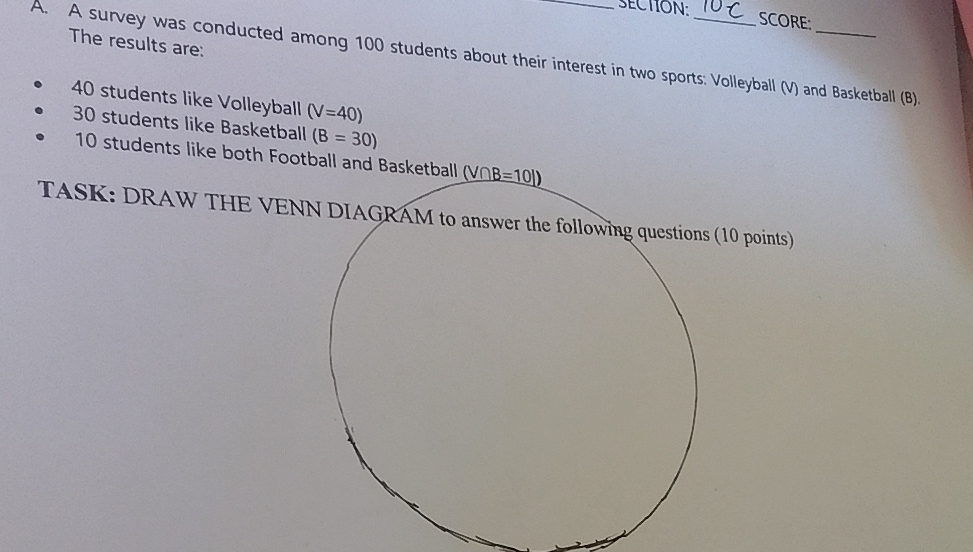 SCORE: 
The results are: 
A. A survey was conducted among 100 students about their interest in two sports: Volleyball (V) and Basketball (B).
40 students like Volleyball (V=40)
30 students like Basketball (B=30)
10 students like both Football and Basketball (V∩ B=10])
TASK: DRAW THE VENN DIAGRAM