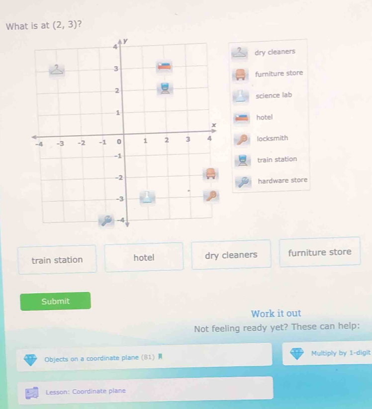 What is at (2,3) ?
dry cleaners
furniture store
science lab
hotel
locksmith
train station
hardware store
train station hotel dry cleaners furniture store
Submit
Work it out
Not feeling ready yet? These can help:
Objects on a coordinate plane (81) Multiply by 1 -digit
Lesson: Coordinate plane