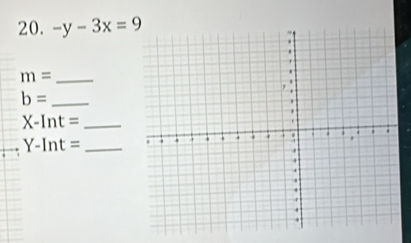 -y-3x=9
_ m=
_ b=
_ X-Int=
_ Y-Int=