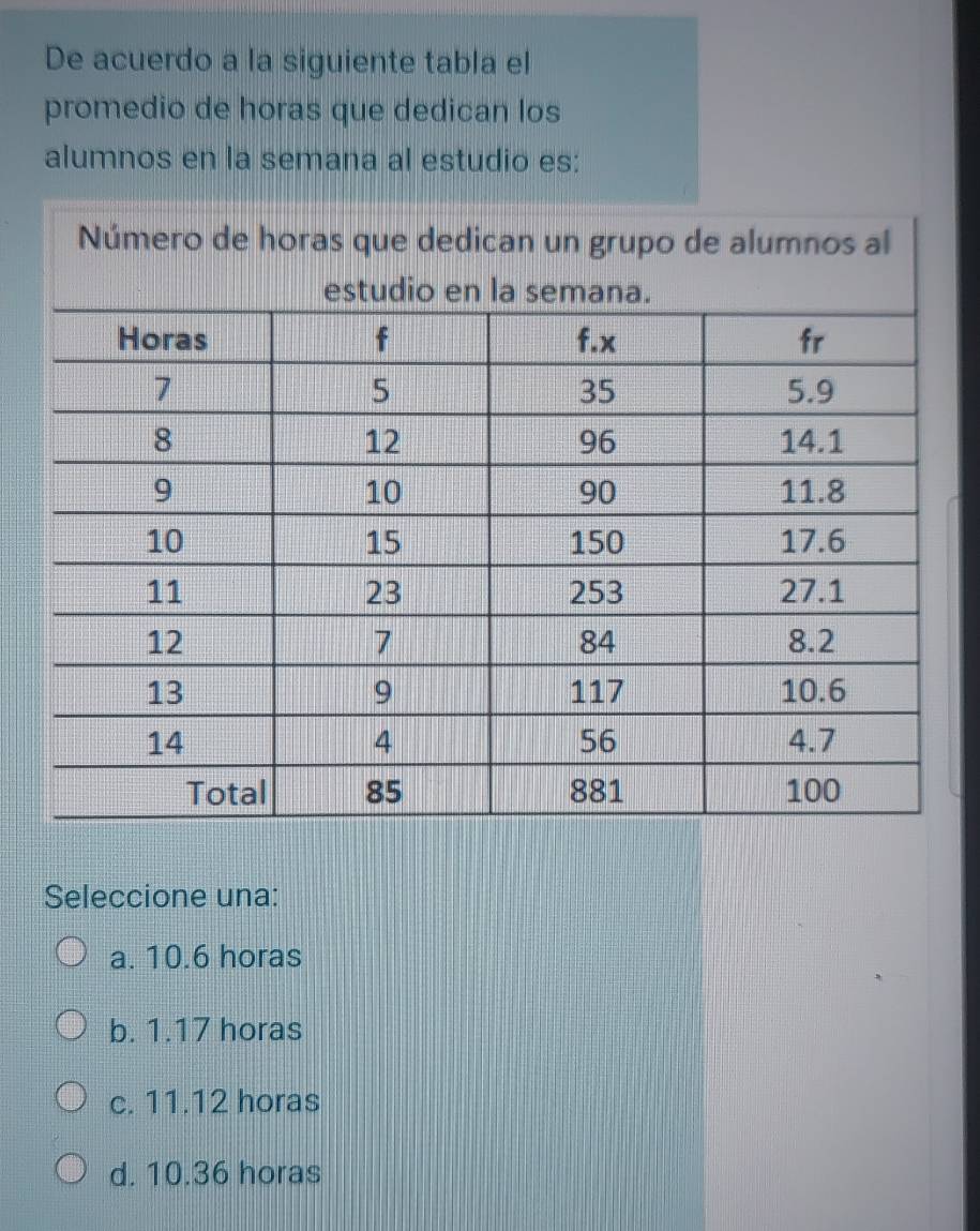 De acuerdo a la siguiente tabla el
promedio de horas que dedican los
alumnos en la semana al estudio es:
Seleccione una:
a. 10.6 horas
b. 1.17 horas
c. 11.12 horas
d. 10.36 horas