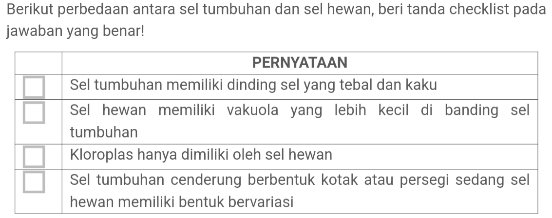 Berikut perbedaan antara sel tumbuhan dan sel hewan, beri tanda checklist pada 
jawaban yang benar!