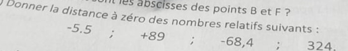 abscisses des points B et F ? 
) Donner la distance à zéro des nombres relatifs suivants :
-5.5; +89; -68,4; 324.