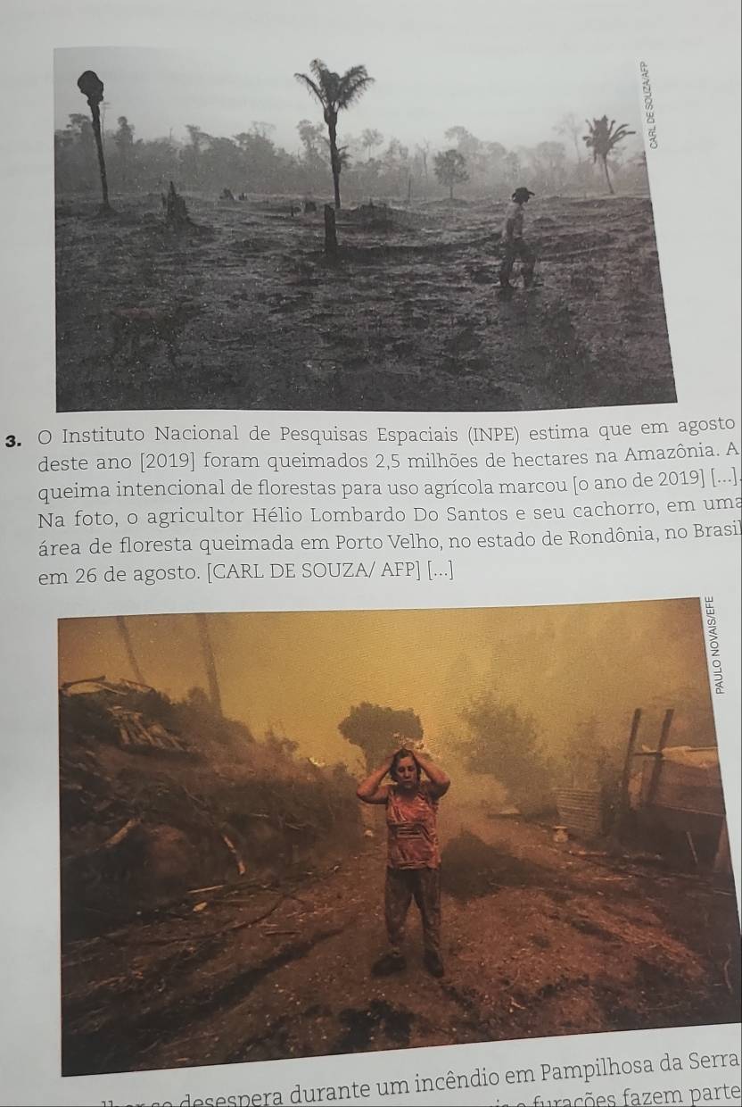 Instituto Nacional de Pesquisas Espaciais (INPE) estima que em agosto 
deste ano [2019] foram queimados 2,5 milhões de hectares na Amazônia. A 
queima intencional de florestas para uso agrícola marcou [o ano de 2019] [...]. 
Na foto, o agricultor Hélio Lombardo Do Santos e seu cachorro, em uma 
área de floresta queimada em Porto Velho, no estado de Rondônia, no Brasil 
em 26 de agosto. [CARL DE SOUZA/ AFP] [...] 
desespera durante um incêndio em Pampilhosa da Serra 
a furações fazem parte