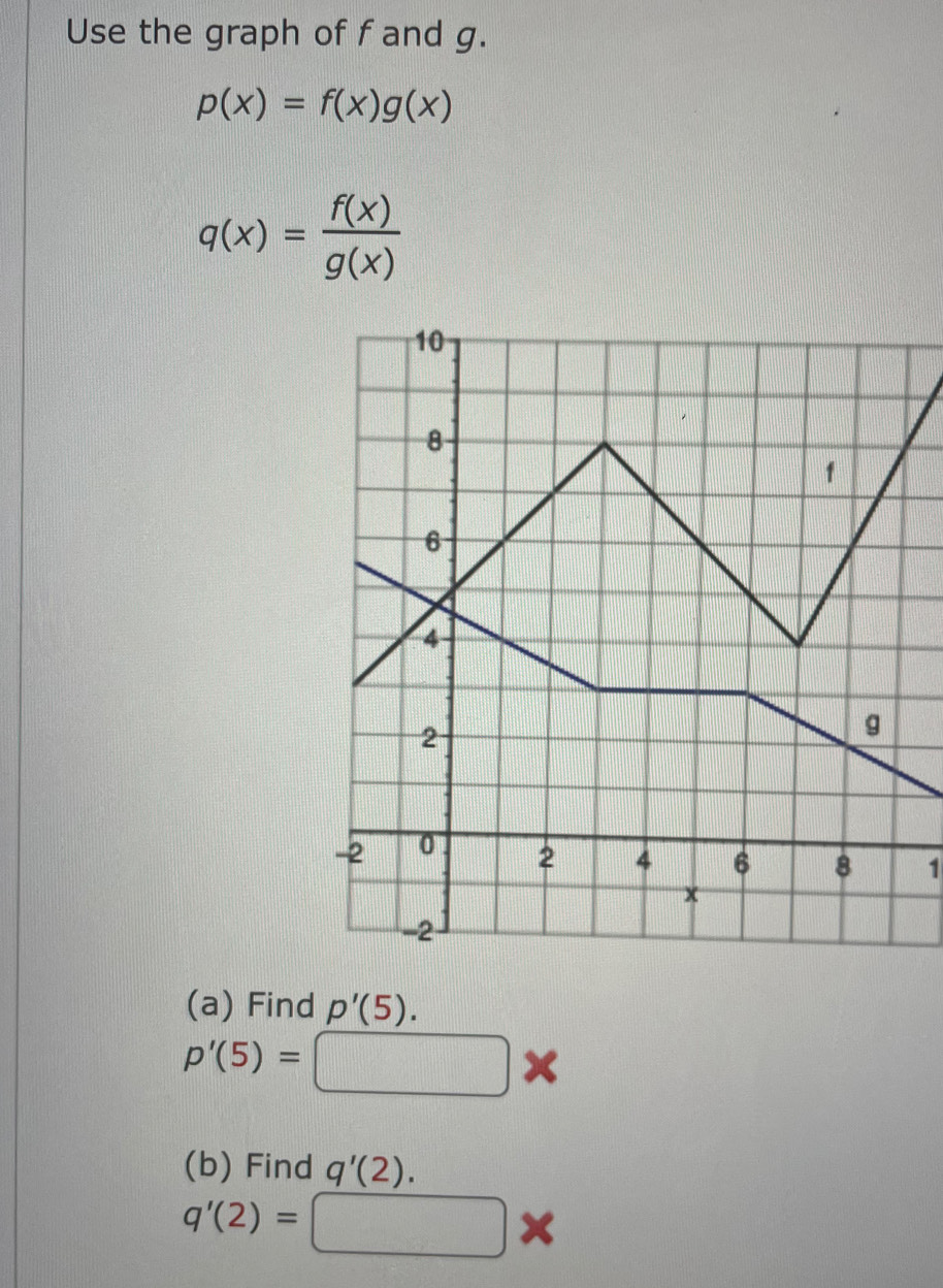 Use the graph of f and g.
p(x)=f(x)g(x)
q(x)= f(x)/g(x) 
1 
(a) Find p'(5).
p'(5)=□ *
(b) Find q'(2).
q'(2)=□