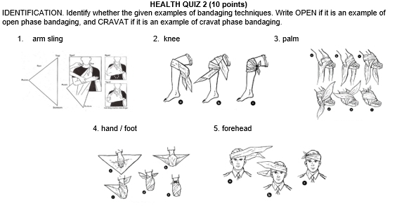 HEALTH QUIZ 2 (10 points) 
IDENTIFICATION. Identify whether the given examples of bandaging techniques. Write OPEN if it is an example of 
open phase bandaging, and CRAVAT if it is an example of cravat phase bandaging. 
1. ar sling 2. knee 3. palm 
4. hand / foot 5. forehead