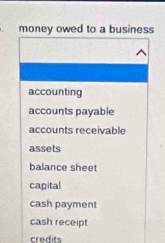 money owed to a business
accounting
accounts payable
accounts receivable
assets
balance sheet
capital
cash payment
cash receipt
credits