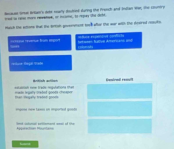 Because Great Britain's debt nearly doubled during the French and Indian War, the country
tried to raise more revenue, or income, to repay the debt.
Match the actions that the British government toor after the war with the desired results.
increase revenue from import reduce expensive conflicts
between Native Americans and
Taxes colonists
reduce Illegal trade
British action Desired result
establish new trade regulations that
made legally traded goods cheaper
than illegally traded goods
impose new taxes on imported goods 
limit colonial settlement west of the
Appalachian Mountains
Submit