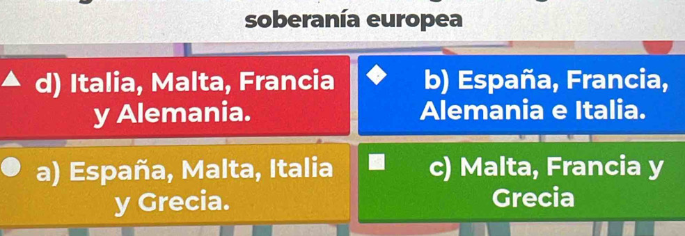 soberanía europea
d) Italia, Malta, Francia b) España, Francia,
y Alemania. Alemania e Italia.
a) España, Malta, Italia c) Malta, Francia y
y Grecia. Grecia