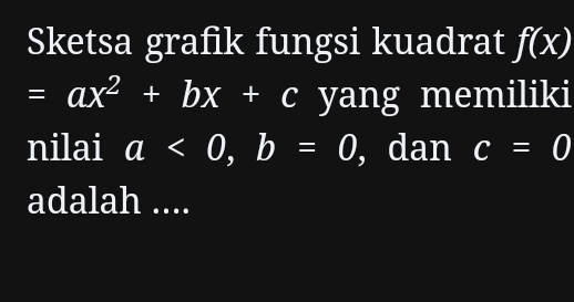 Sketsa grafik fungsi kuadrat f(x)
=ax^2+bx+c yang memiliki 
nilai a<0</tex>, b=0 , dan c=0
adalah ....