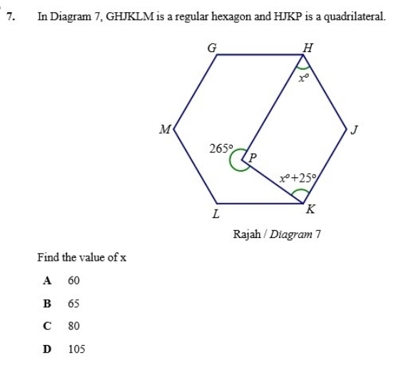 In Diagram 7, GHJKLM is a regular hexagon and HJKP is a quadrilateral.
Rajah / Diagram 7
Find the value of x
A 60
B 65
C 80
D 105