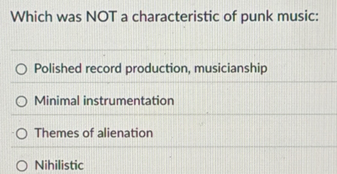 Solved: Which was NOT a characteristic of punk music: Polished record ...