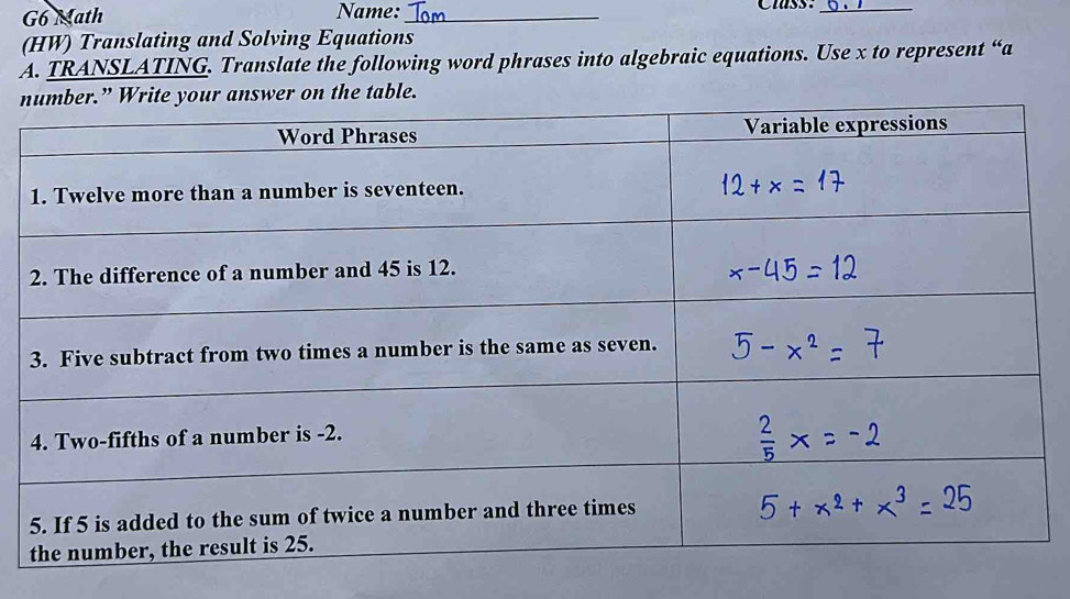 G6 Math Name: _Class:_ 
(HW) Translating and Solving Equations 
A. TRANSLATING. Translate the following word phrases into algebraic equations. Use x to represent “a 
n