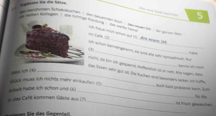 Egänzen Sie die Sätze. 
über eine Stadt berichten 5 
den berühmten Schokokuchen I den bekannten Koch I den neuen 105) der ganzen Wel 
die netten Kollegen 1 die richtige Kleidung ( das weiße Hemd 
_ 
_ 
ch freue mich schon auf (1) 
im Café. (2) 
(3) 
ich schon kennengelemt, sie sind alle sehr sympathisch. Nur 
habe 
nicht, da bin ich gespannt. Hoffentlich ist er nett. Alle sagen, dass 
kenne ich noch 
dass ich (4)_ 
das Essen sehr gut ist. Die Kuchen sind besonders lecker. Ich hoffe, 
Glück muss ich nichts mehr einkaufen: (5) 
_ 
_auch bald probieren kann. Zum 
Arbeit habe ich schon und (6) 
für die 
In das Café kommen Gäste aus (7) _ist frisch gewaschen. 
er n i a ge teil.