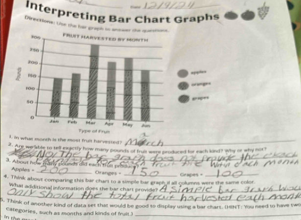 Interpreting Bar Chart Graphs 
Directions: Use the bar graph 
1. in what month is the most fruit harvested?_ 
_ 
2. Are we able to tell exactly how many pounds of fruit were produced for each kind? Why or why not? 
3. About how many pounds did each fruil produc 

Apples - _Oranges - _Grapes =_ 
4. Think about comparing this bar chart to a simple bar graph if all columns were the same color. 
_ 
What additional information does the bar chart provide?_ 
5. Think of another kind of data set that would be good to display using a bar chart. (HINT: You need to have two 
categories, such as months and kinds of fruit.)_ 
in th e a