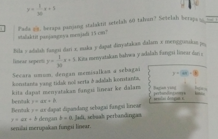 y= 1/30 x+5
1 Pada , berapa panjang stalaktit setelah 60 tahun? Setelah berapa tah 
Soal 3
stalaktit panjangnya menjadi 15 cm? 
Bila y adalah fungsi dari x, maka y dapat dinyatakan dalam x menggunakan per 
linear seperti y= 1/30 x+5. Kita menyatakan bahwa y adalah fungsi linear dari x
Secara umum, dengan memisalkan a sebagai
y=ax+b
konstanta yang tidak nol serta b adalah konstanta, 
kita dapat menyatakan fungsi linear ke dalam Bagian yang Bagiany 
perbandingannya konstan 
bentuk y=ax+b. senilai dengan x. 
Bentuk y=ax dapat dipandang sebagai fungsi linear
y=ax+b dengan b=0. Jadi, sebuah perbandingan 
senilai merupakan fungsi linear.