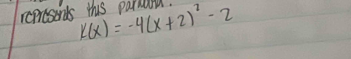 k(x)=-4(x+2)^2-2
represends this parnaa.