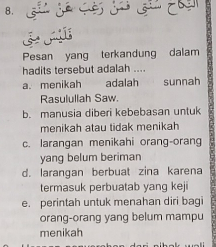 Pesan yang terkandung dalam
hadits tersebut adalah ....
a. menikah adalah sunnah
Rasulullah Saw.
b. manusia diberi kebebasan untuk
menikah atau tidak menikah
c. larangan menikahi orang-orang
yang belum beriman
d. larangan berbuat zina karena
termasuk perbuatab yang keji
e. perintah untuk menahan diri bagi
orang-orang yang belum mampu
menikah