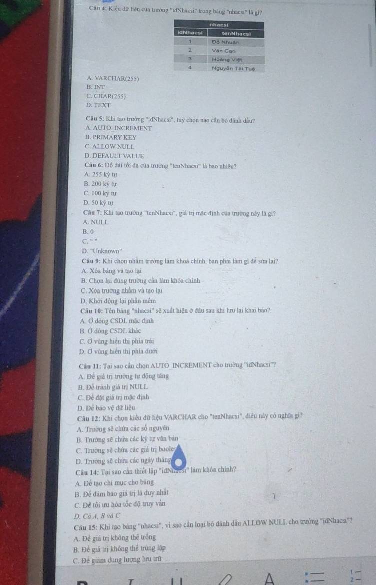 Cầu 4: Kiêu dữ liệu của trường ''idNhacsi' trong băng "nhacsi" là gì?
A. VARCHAR(255)
B. INT
C. CHAR(255)
D. TEXT
Câu 5: Khi tạo trường "idNhacsi", tuỳ chọn nào cần bỏ đánh dầu?
A. AUTO_INCREMENT
B. PRIMARY KEY
C. ALLOW NULL
D. DEFAULT VALUE
Cu 6: Độ dài tối đa của trưởng "tenNhacsi" là bao nhiêu?
A. 255 kỷ tự
B. 200 ký tự
C. 100 kỷ tự
D. 50 kỷ tự
Câu 7: Khi tạo trường "tenNhacsi", giá trị mặc định của trường này là gi?
A. NULL
B. 0
C. " "
D. ''Unknown''
Câu 9: Khi chọn nhằm trường làm khoá chính, bạn phai làm gi đễ sửa lại?
A. Xóa bảng và tạo lại
B. Chọn lại đùng trường cần làm khôa chính
C. Xóa trường nhằm và tạo lại
D. Khới động lại phần mêm
Câu 10: Tên bảng "nhacsi" sẽ xuất hiện ở đầu sau khi lưu lại khai bảo?
A. Ơ dòng CSDL mặc định
B. Ở dòng CSDL khảc
C. Ở vùng hiển thị phía trái
D. Ở vùng hiện thị phía dưới
Câu 11: Tại sao cần chọn AUTO_INCREMENT cho trường "idNhacsi"?
A. Đề giá trị trường tự động tăng
B. Để trành giá trị NULL
C. Để đặt giá trị mặc định
D. Để báo vệ dữ liệu
Câu 12: Khi chọn kiểu dữ liệu VARCHAR cho "tenNhacsi", điều này có nghĩa gi?
A. Trường sẽ chứa các số nguyên
B. Trường sẽ chứa các ký tự văn bản
C. Trường sẽ chứa các giả trị boole
D. Trường sẽ chứa các ngày tháng
Cầu 14: Tại sao cần thiết lập "idNhaest" làm khỏa chính?
A. Để tạo chi mục cho băng
B. Để đám báo giá trị là duy nhất
1
C. Để tối ưu hóa tốc độ truy vấn
D. Cả A, B và C
Câu 15: Khi tạo bảng "nhacsi", vì sao cần loại bộ đánh dầu ALLOW NULL cho trường 'idNhacsi''?
A. Đê giá trị không thể trồng
B. Để giá trị không thể trùng lập
C. Đề giám dung lượng lưu trữ
T
A I
,  1