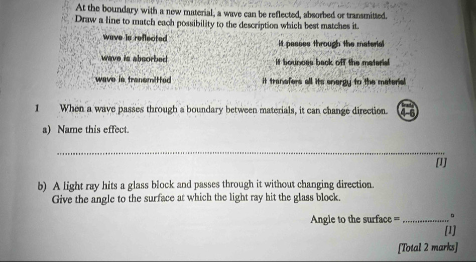 At the boundary with a new material, a wave can be reflected, absorbed or transmitted.
Draw a line to match each possibility to the description which best matches it.
wave is reflected 
it passes through the material
wave is absorbed it bounces back off the material
wave is transmitted it transfers all its energy to the material
1 When a wave passes through a boundary between materials, it can change direction. 4-6
a) Name this effect.
_
[1]
b) A light ray hits a glass block and passes through it without changing direction.
Give the angle to the surface at which the light ray hit the glass block.
Angle to the surface = _。
[1]
[Total 2 marks]