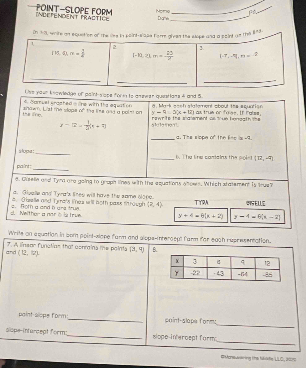 FOINT-SLOPE FORM_
Name
Pd
_
INDEPENDENT PRACTICE_
Date
In 1-3, write an equation of the line in point-slope form given the slope and a point on the line.
Use your knowledge of point-slope form to answer questions 4 and 5.
4. Samuel graphed a line with the equation 5. Mark each statement about the equation
shown. List the slope of the line and a point on y-9=3(x+12) as true or false. If false,
the line. rewrite the statement as true beneath the
y-12=- 1/3 (x+9)
statement.
_a. The slope of the line is -9.
slope:_
_b. The line contains the point (12,-9).
point;_
6. Giselle and Tyra are going to graph lines with the equations shown. Which statement is true?
a. Giselle and Tyra's lines will have the same slope.
b. Giselle and Tyra's lines will both pass through (2,4). TYRA GISELLE
c. Both a and b are true.
d. Neither a nor b is true.
y+4=6(x+2) y-4=6(x-2)
Write an equation in both point-slope form and slope-intercept form for each representation.
7. A linear function that contains the points (3,9) 8.
and (12,12).
_
point-slope form:_ point-slope form:
_
slope-intercept form:_ slope-intercept form:
@Maneuvering the Middle LLC, 2020