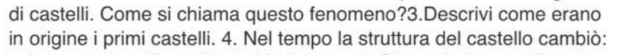 di castelli. Come si chiama questo fenomeno?3.Descrivi come erano 
in origine i primi castelli. 4. Nel tempo la struttura del castello cambiò: