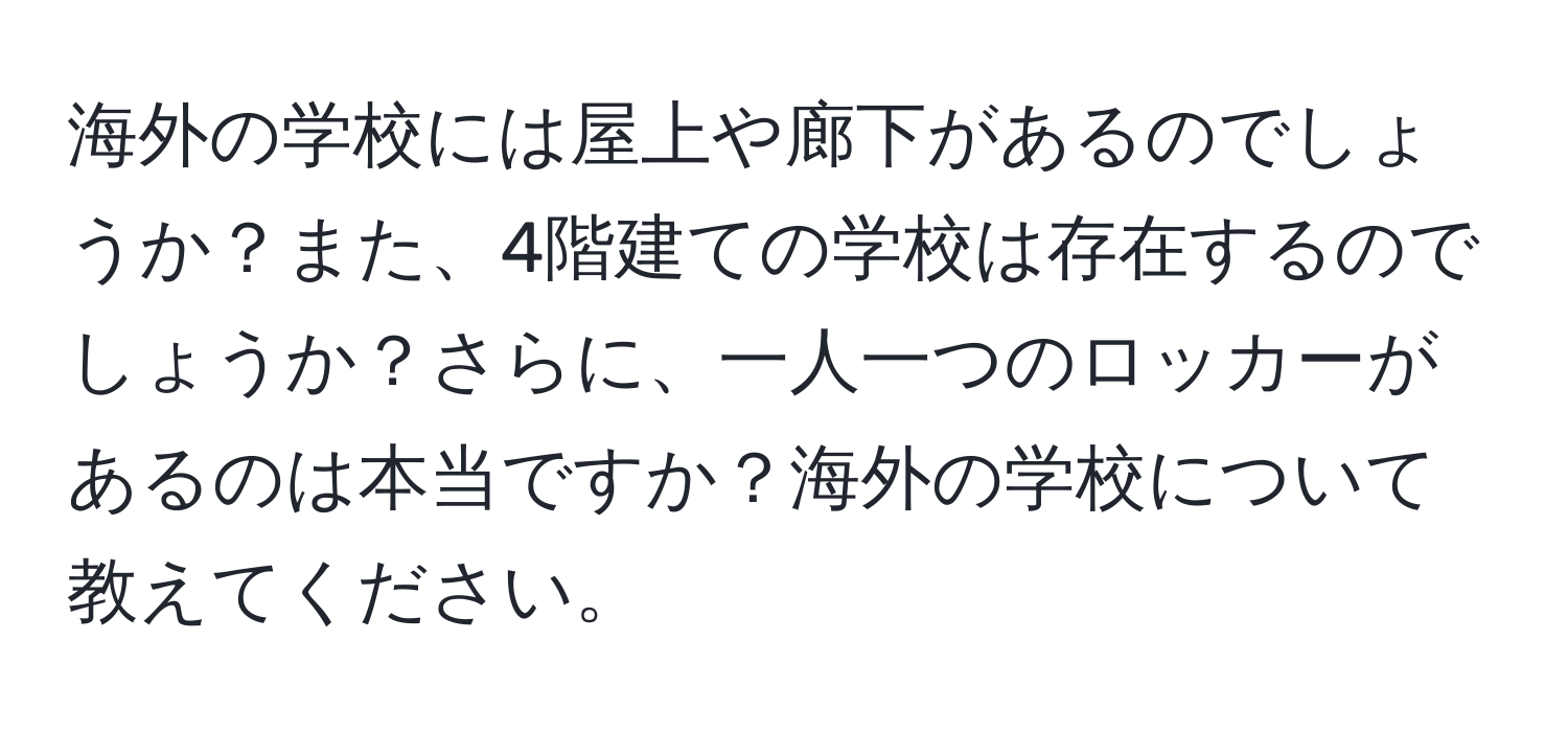 海外の学校には屋上や廊下があるのでしょうか？また、4階建ての学校は存在するのでしょうか？さらに、一人一つのロッカーがあるのは本当ですか？海外の学校について教えてください。