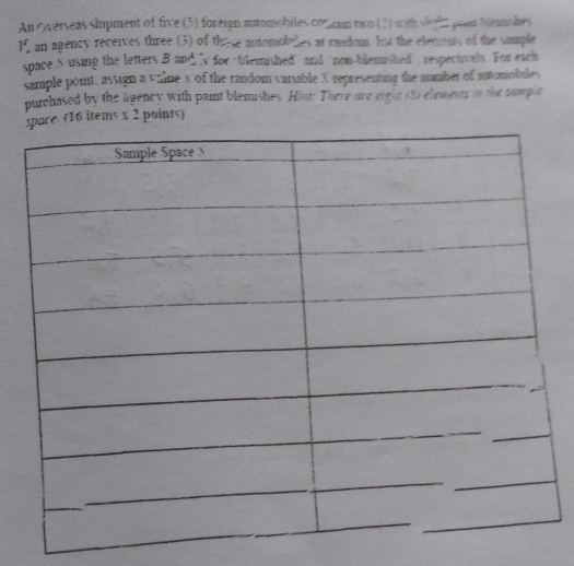 An overseas shipment of five (5) foreign automobiles comain two (2) with sholt puan bemishes
1^4. an agency receives three (3) of those automobules at random. list the elements of the sample 
space S using the letters B and ly for 'blemshed and non-blemished', respectively. For each 
sample point, assign a valne x of the random variable X representing the number of automobiles 
purchased by the agency with paint blemishes. Hint: There are eight (S) elements in the sumple 
(16 items x 2 points)