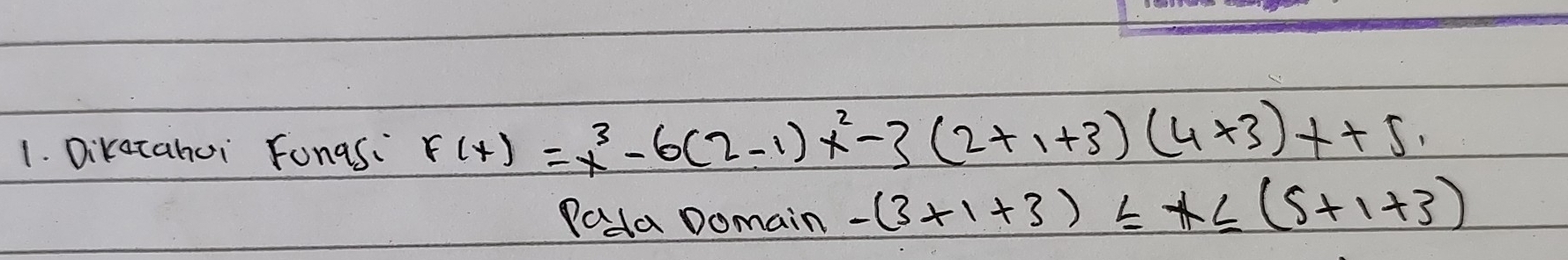 Dikatahoi Fonas: F(x)=x^3-6(2-1)x^2-3(2+1+3)(4+3)x+5
Pada Domain -(3+1+3)≤ x≤ (s+1+3)