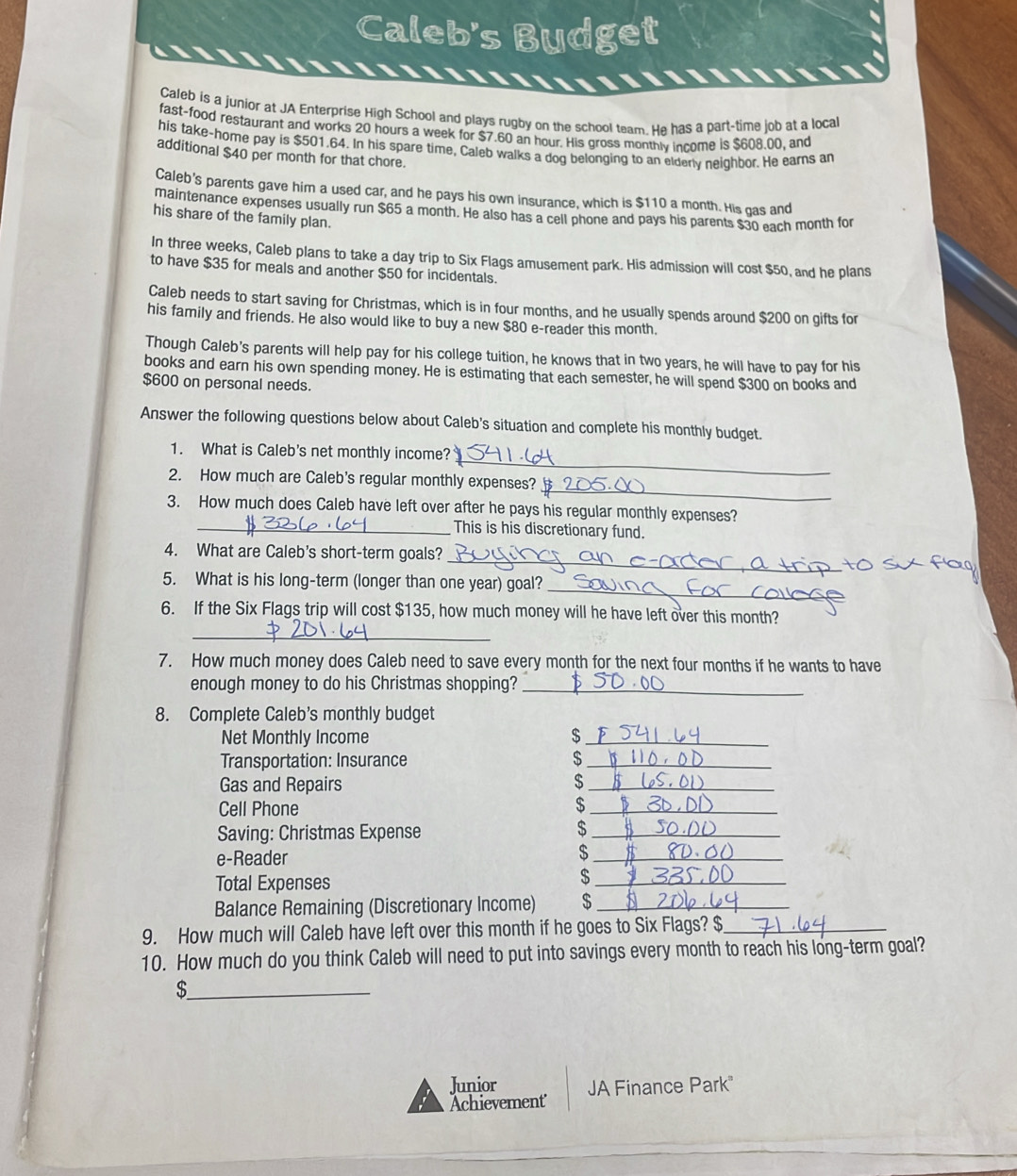 Caleb's Budget
Caleb is a junior at JA Enterprise High School and plays rugby on the school team. He has a part-time job at a local
fast-food restaurant and works 20 hours a week for $7.60 an hour. His gross monthly income is $608.00, and
his take-home pay is $501.64. In his spare time, Caleb walks a dog belonging to an elderly neighbor. He earns an
additional $40 per month for that chore.
Caleb's parents gave him a used car, and he pays his own insurance, which is $110 a month. His gas and
maintenance expenses usually run $65 a month. He also has a cell phone and pays his parents $30 each month for
his share of the family plan.
In three weeks, Caleb plans to take a day trip to Six Flags amusement park. His admission will cost $50, and he plans
to have $35 for meals and another $50 for incidentals.
Caleb needs to start saving for Christmas, which is in four months, and he usually spends around $200 on gifts for
his family and friends. He also would like to buy a new $80 e-reader this month.
Though Caleb's parents will help pay for his college tuition, he knows that in two years, he will have to pay for his
books and earn his own spending money. He is estimating that each semester, he will spend $300 on books and
$600 on personal needs.
Answer the following questions below about Caleb's situation and complete his monthly budget.
_
1. What is Caleb's net monthly income?
_
2. How much are Caleb's regular monthly expenses?
3. How much does Caleb have left over after he pays his regular monthly expenses?
_This is his discretionary fund.
_
4. What are Caleb's short-term goals?
_
5. What is his long-term (longer than one year) goal?
6. If the Six Flags trip will cost $135, how much money will he have left over this month?
_
7. How much money does Caleb need to save every month for the next four months if he wants to have
enough money to do his Christmas shopping?_
8. Complete Caleb's monthly budget
Net Monthly Income $_
Transportation: Insurance $_
Gas and Repairs $_
Cell Phone $_
Saving: Christmas Expense
_$
e-Reader
_$
Total Expenses
_$
Balance Remaining (Discretionary Income) $_
9. How much will Caleb have left over this month if he goes to Six Flags? $_
10. How much do you think Caleb will need to put into savings every month to reach his long-term goal?
_$
Junior JA Finance Park"
Achievement