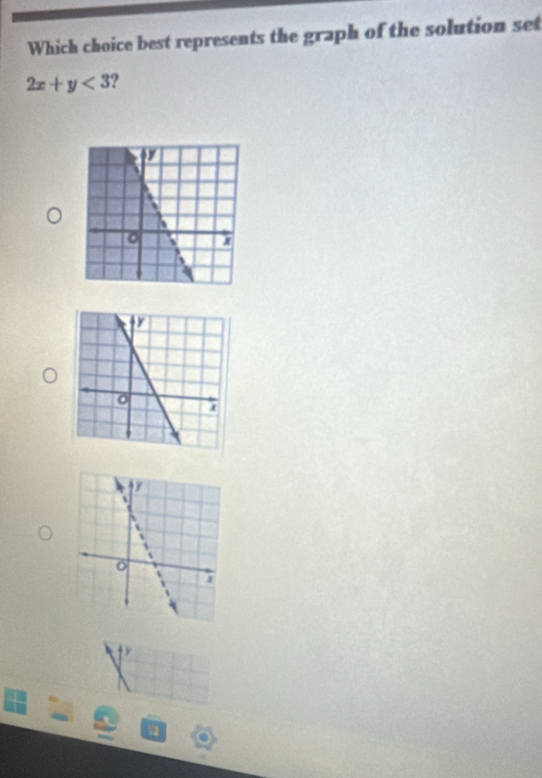 Which choice best represents the graph of the solution set
2x+y<3</tex> ?
y
a