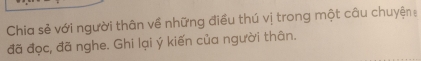 Chia sẻ với người thân về những điều thú vị trong một câu chuyện 
đã đọc, đã nghe. Ghi lại ý kiến của người thân.