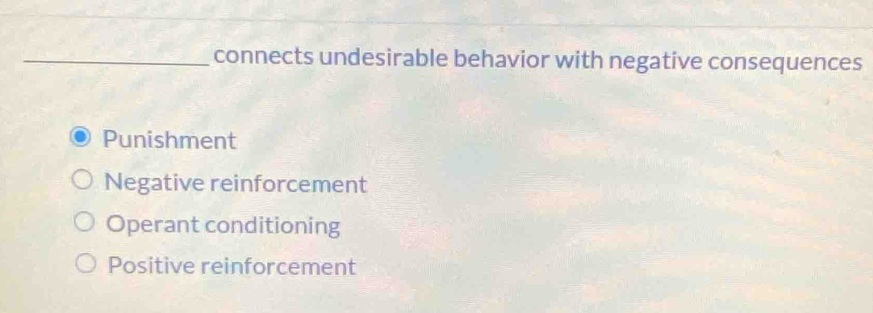 connects undesirable behavior with negative consequences
Punishment
Negative reinforcement
Operant conditioning
Positive reinforcement