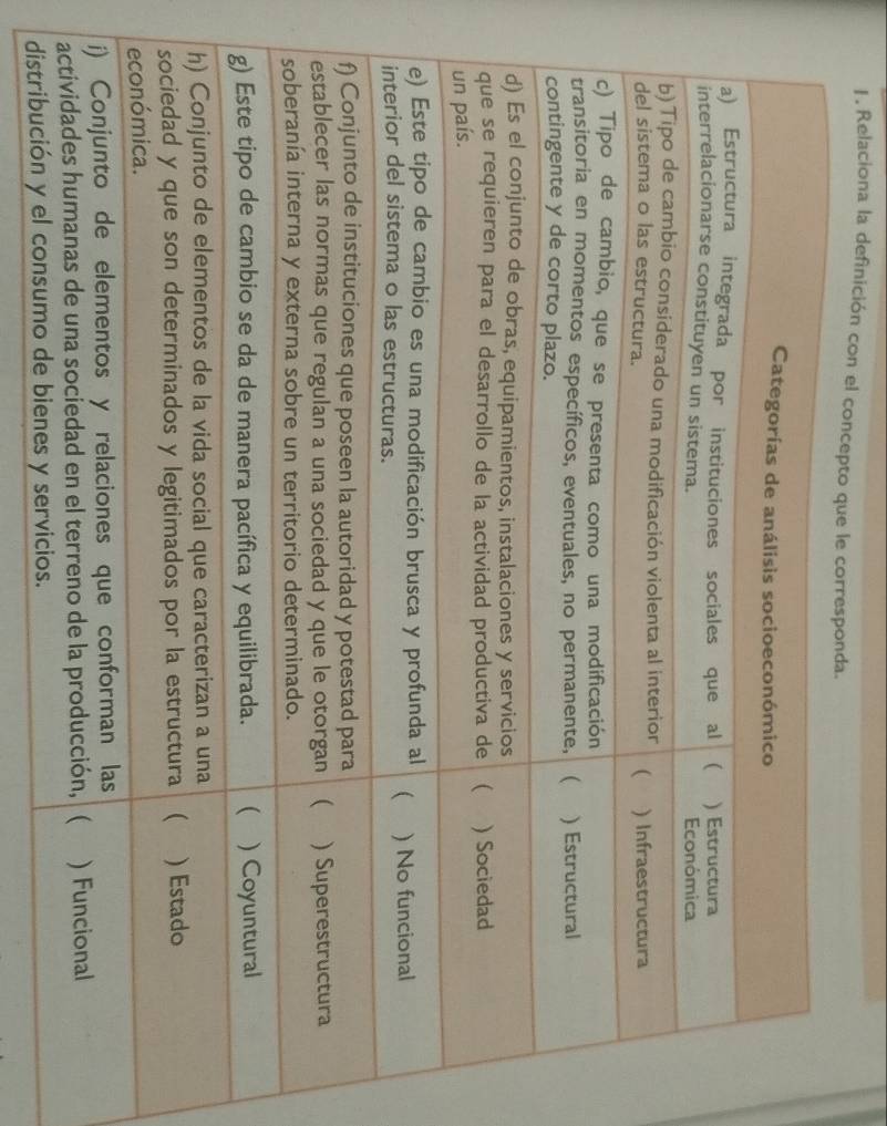 1 . Relaciona la definición con el concepto que le 
distribución y el consumo de bienes y servicios.