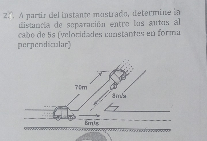 2.. A partir del instante mostrado, determine la 
distancia de separación entre los autos al 
cabo de 5s (velocidades constantes en forma 
perpendicular)