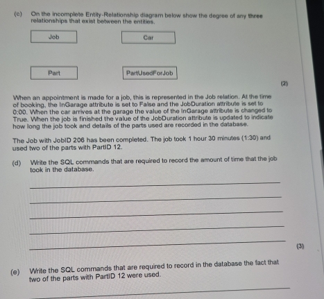 On the incomplete Entity-Relationship diagram below show the degree of any three 
relationships that exist between the entities. 
Job Car 
Part PartUsedForJob 
(2) 
When an appointment is made for a job, this is represented in the Job relation. At the time 
of booking, the InGarage attribute is set to False and the JobDuration attribute is set to
0:00. When the car arrives at the garage the value of the InGarage attribute is changed to 
True. When the job is finished the value of the JobDuration attribute is updated to indicate 
how long the job took and details of the parts used are recorded in the database. 
The Job with JobID 206 has been completed. The job took 1 hour 30 minutes (1:30)
used two of the parts with PartID 12. and 
(d) Write the SQL commands that are required to record the amount of time that the job 
took in the database 
_ 
_ 
_ 
_ 
_ 
(3) 
(e) Write the SQL commands that are required to record in the database the fact that 
_ 
two of the parts with PartID 12 were used.