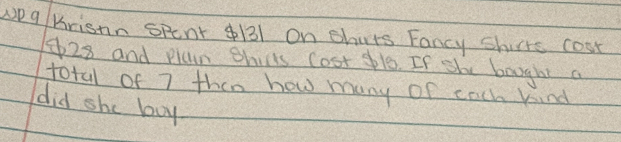 wPq/ Krisnn Spent 4131 On thurs Fancy Chicrs cost
428 and plan Shicls cost sle. If she bought a 
total of 7 then how many of each kind 
did she boy