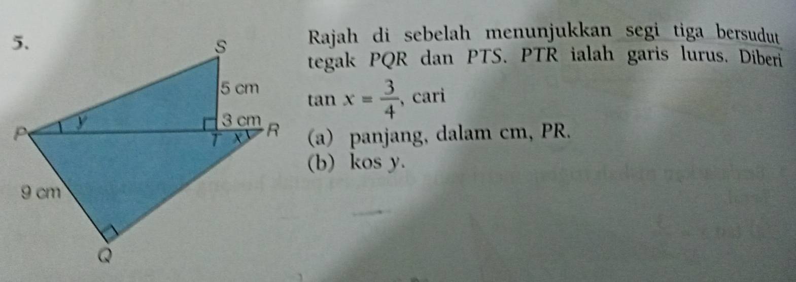 Rajah di sebelah menunjukkan segi tiga bersudut 
tegak PQR dan PTS. PTR ialah garis lurus. Diberi
tan x= 3/4  ,cari 
(a) panjang, dalam cm, PR. 
(b) kos y.