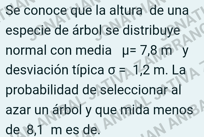 Se conoce que la altura de una 
especie de árbol se distribuye 
normal con media mu =7,8m y 
desviación típica sigma =1,2m. La 
probabilidad de seleccionar al 
azar un árbol y que mida menos 
de 8,1 m es de.