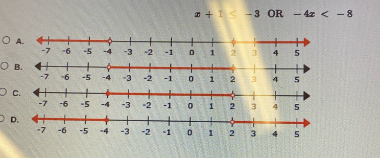 x+1≤ -3 OR -4x
A.
3 5
B. 
C. 
D.