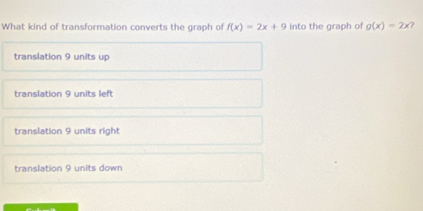 What kind of transformation converts the graph of f(x)=2x+9 into the graph of g(x)=2x ?
translation 9 units up
translation 9 units left
translation 9 units right
translation 9 units down