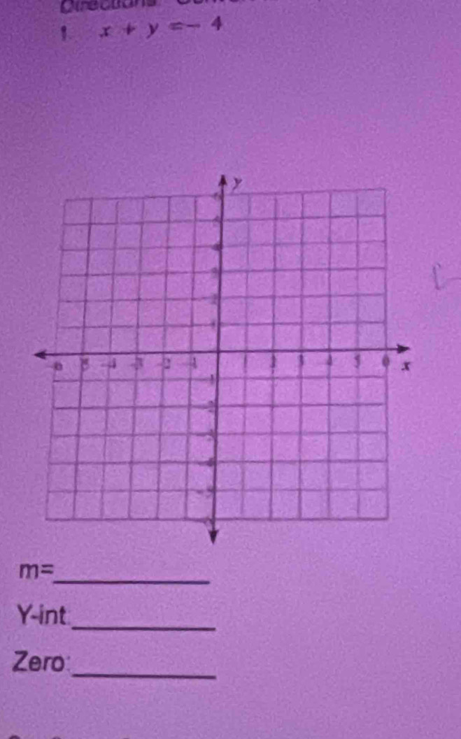 Cirections 
1 x+y=-4
m=
_
Y -int 
_ 
Zero 
_