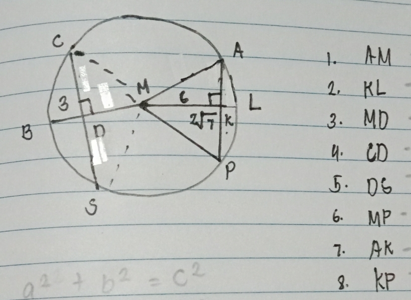 AM
2. KL
3. MD
9. CD
5. DS
6. MP
7. AK
a^2+b^2=c^2
8. Kp