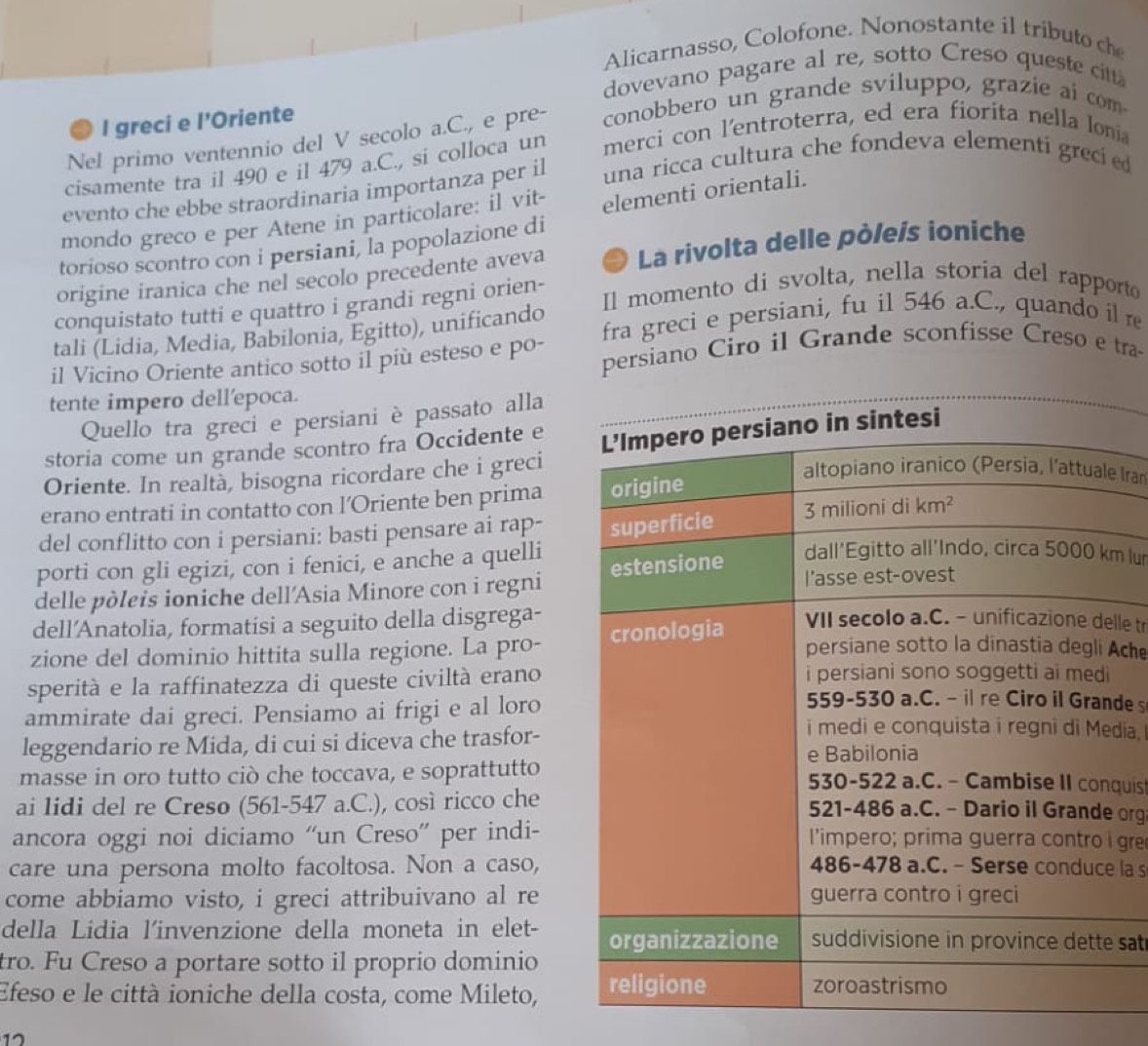 Alicarnasso, Colofone. Nonostante il tributo che
dovevano pagare al re, sotto Creso queste citt
● l greci e l'Oriente
Nel primo ventennio del V secolo a.C., e pre- conobbero un grande sviluppo, grazie ai com-
cisamente tra il 490 e il 479 a.C., si colloca un merci con l'entroterra, ed era fiorita nella lonia
evento che ebbe straordinaria importanza per il una ricca cultura che fondeva elementí grecí ed
mondo greco e per Atene in particolare: il vit-
torioso scontro con i persiani, la popolazione di elementi orientali.
origine iranica che nel secolo precedente aveva ) La rivolta delle pòleís ioniche
conquistato tutti e quattro i grandi regni orien- Il momento di svolta, nella storia del rapporto
tali (Lidia, Media, Babilonia, Egitto), unificando fra greci e persiani, fu il 546 a.C., quando il r
il Vicino Oriente antico sotto il più esteso e po- persiano Ciro il Grande sconfisse Creso e tra-
tente impero dellepoca.
Quello tra greci e persiani è passato alla
storia come un grande scontro fra Occidente e
Oriente. In realta, bisogna ricordare che i greci
Iran
erano entrati in contatto con l’Oriente ben prima
del conflitto con i persiani: basti pensare ai rap-
porti con gli egizi, con i fenici, e anche a quelli
delle pòleis ioniche dell'Asia Minore con i regnim lur
dell'Anatolia, formatisi a seguito della disgrega-
zione del dominio hittita sulla regione. La pro-lle t
Ache
sperità e la raffinatezza di queste civiltà erano
de 
ammirate dai greci. Pensiamo ai frigi e al lorodia.
leggendario re Mida, di cui si diceva che trasfor-
masse in oro tutto ciò che toccava, e soprattuttoquis
ai lidi del re Creso (561-547 a.C.), così ricco che org
ancora oggi noi diciamo “un Creso” per indi- gr
care una persona molto facoltosa. Non a caso, la s
come abbiamo visto, i greci attribuivano al re
della Lidia l'invenzione della moneta in elet- sat 
tro. Fu Creso a portare sotto il proprio dominio
Efeso e le città ioniche della costa, come Mileto, 
12