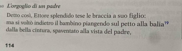 L’orgoglio di un padre 
Detto cosí, Ettore splendido tese le braccia a suo figlio: 
ma si voltò indietro il bambino piangendo sul petto alla balia¹ 
dalla bella cintura, spaventato alla vista del padre,
114