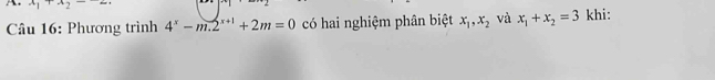 Phương trình 4^x-m.2^(x+1)+2m=0 có hai nghiệm phân biệt x_1, x_2 và x_1+x_2=3 khi: