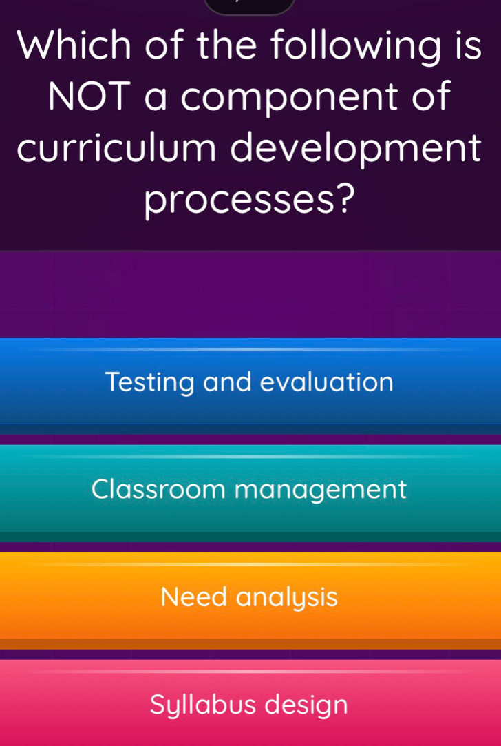 Which of the following is
NOT a component of
curriculum development
processes?
Testing and evaluation
Classroom management
Need analysis
Syllabus design