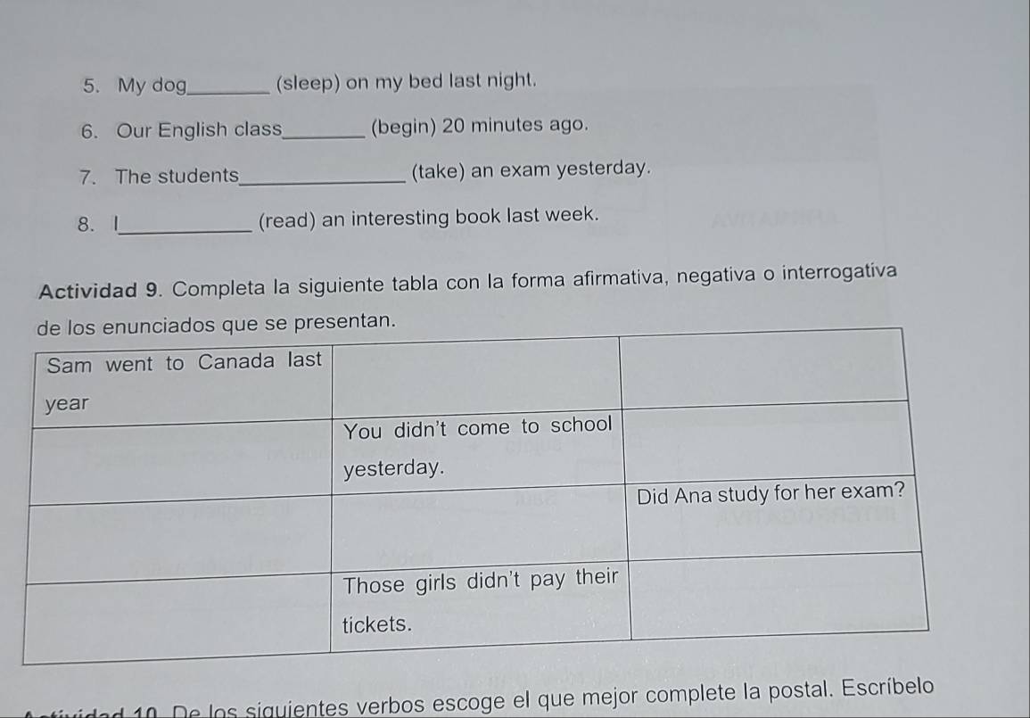 My dog_ (sleep) on my bed last night. 
6. Our English class_ (begin) 20 minutes ago. 
7. The students_ (take) an exam yesterday. 
8. 1_ (read) an interesting book last week. 
Actividad 9. Completa la siguiente tabla con la forma afirmativa, negativa o interrogativa 
d 10. De los siguientes verbos escoge el que mejor complete la postal. Escríbelo