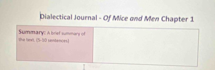 Dialectical Journal - Of Mice and Men Chapter 1 
Summary: A brief summary of 
the text. (S-10 sentences)